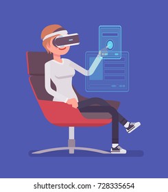 VR woman and interface. Screen design, three-dimensional environment and interaction. Virtual reality and entertainment concept. Vector flat style cartoon illustration