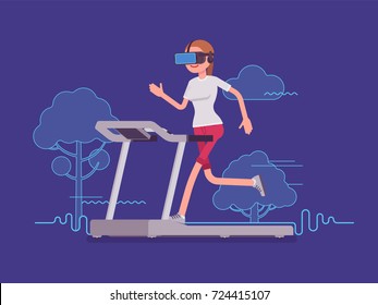 VR Woman Running On Track. Sport And Real Experience Of The Outdoor Location, Park And Nature View Simulator. Virtual Reality And Entertainment Concept. Vector Flat Style Cartoon Illustration