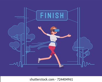 VR woman running and winning. Crossing finish line with headset creating an artificial environment of sport marathon. Virtual reality and entertainment concept. Vector flat style cartoon illustration