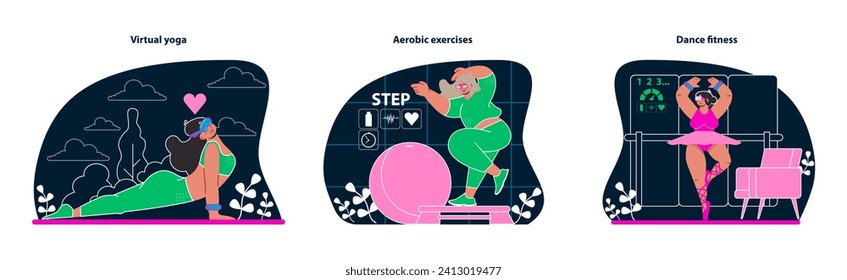 VR Workout collection. Virtual yoga, aerobic steps, and dance routines come to life. Energize and inspire with tech-driven fitness. Step into a healthier lifestyle. Flat vector illustration.