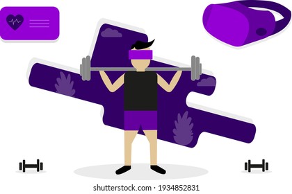 VR Workout Concept. Man Lifting Barbell. VR fitness gym, smart experience, sport and health monitor abstract.
