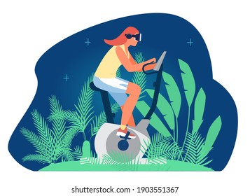 VR Workout And Fitness Concept Vector Illustration. Woman In VR Headset Riding Stationaty Bike At Home In Jungle Forest Emulation.