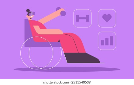 Treino de RV para pessoas com deficiência. Treinamento de intervalo de alta intensidade, paladares, passos aeróbios, sessões de relaxamento em RV. Faça um treino digital de corpo inteiro. Ilustração de vetor plano.