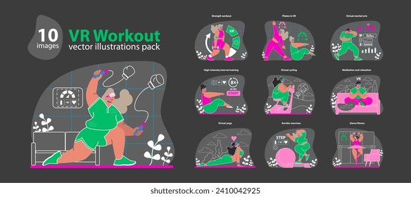 VR Workout set. Interactive and immersive fitness routines. Engaging virtual reality exercises across diverse activities. Dynamic home training experience. Flat vector illustration.