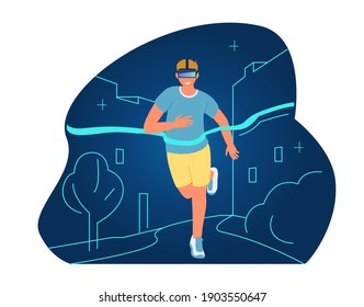 VR Workout And Sport Concept Vector Illustration. Running Man In VR Headset Crosses Finishing Line In Virtual Cityscape Emulation.