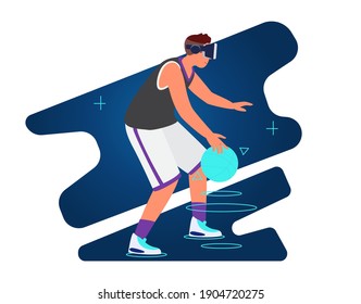 Ilustración De Vector De Concepto Deportivo Y De Formación De VR. Hombre Con Auriculares De VR Perforando Baloncesto.