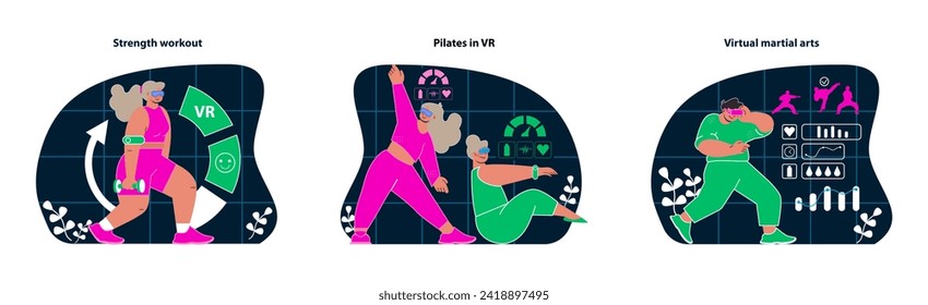 VR Workout trio. Strength training, Pilates, and martial arts in a virtual world. Energizing exercise sessions with digital interface. Home fitness with interactive technology. Flat vector.