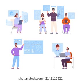 Vr workplaces. Workplace future virtual meeting digital work simulation, cyberspace business company futuristic job teamwork devices data research, vector illustration. Virtual reality innovation