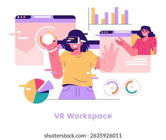 VR workspace concept. This illustration represents the future of work through virtual reality technologies. Remote collaboration is enhanced with immersive interfaces and data visualization. Vector