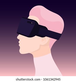 Vr world. Man profile. Virtual reality glasses. Amazed face. Vector illustration