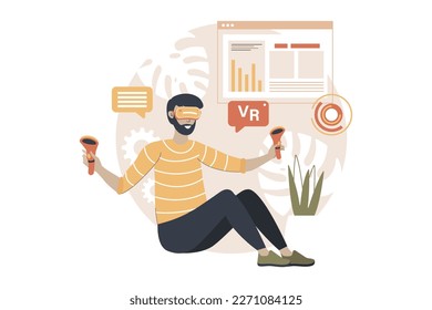 VR yellow and brown concept with people scene in the flat cartoon design. Man learns innovative technologies in the virtual world with the help of gadgets. Vector illustration.