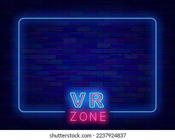 Banner de neón de la zona VR. Marco azul vacío con espacio para texto. Afiche luminoso. Publicidad brillante. Diseño de juegos. Sala de juegos de realidad virtual. Banner brillante. Ilustración de material vectorial