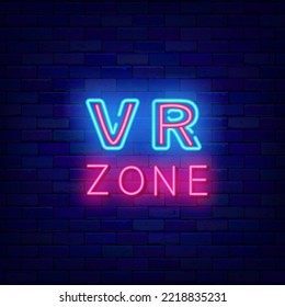 VR zone neon signboard. Game design. Virtual reality play room. Shiny banner. Vector stock illustration