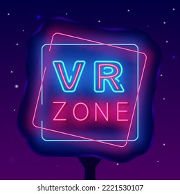 VR zone neon signboard. Glowing street billboard. Light advertising. Game design. Virtual reality play room. Shiny banner. Vector stock illustration