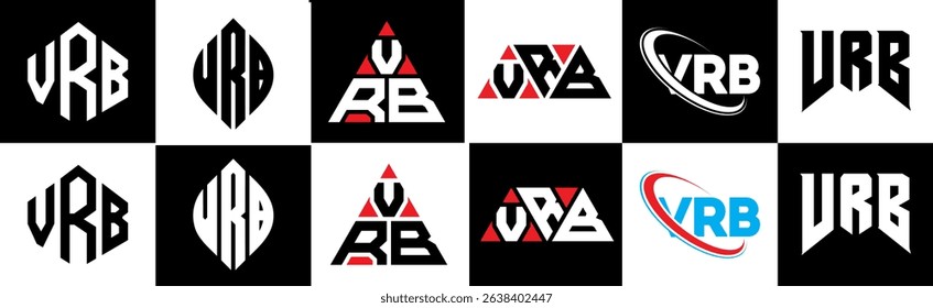 VRB letter logo design in six style. VRB polygon, circle, triangle, hexagon, flat and simple style with black and white color variation letter logo set in one artboard. VRB minimalist and classic logo