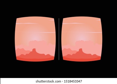 VR-BOX, virtual reality glasses, depicts virtual reality screens that depict mountains