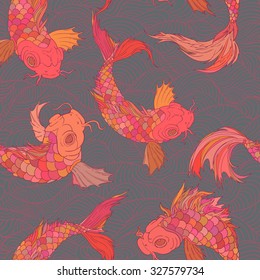 vrctor background of rainbow carp pattern. Seamless oriental texture with isolated hand drawn fishes. 