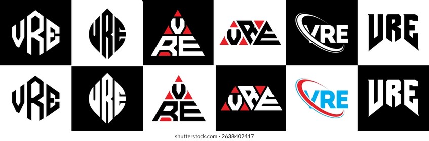 VRE letter logo design in six style. VRE polygon, circle, triangle, hexagon, flat and simple style with black and white color variation letter logo set in one artboard. VRE minimalist and classic logo