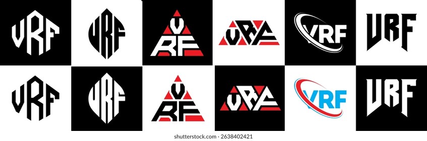 VRF letter logo design in six style. VRF polygon, circle, triangle, hexagon, flat and simple style with black and white color variation letter logo set in one artboard. VRF minimalist and classic logo
