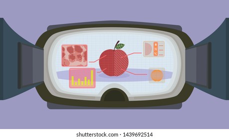 Vr-glasses with screen depicting material analysis. Head-up display with diagrams with flat design.