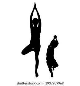 Vrikshasana asana, tree pose in yoga . Vector female and child silhouette isolated on white background. Mom and son are doing yoga. The girl stands on one leg, arms extended upward above her head.