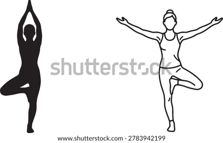 Vrikshasana exercise positions, female wellness activity, health and fitness symbol, zen meditation technique.