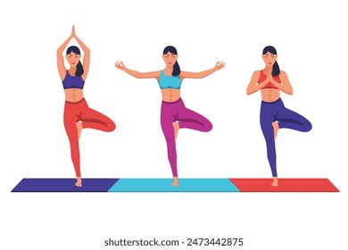 Vrikshasana Pose. Junge schöne Mädchen beim Yoga auf der Matte. Meditationskonzept. Entspannung und Erholung. Gesunder Lebensstil. Flaches Design der Vektorillustration.