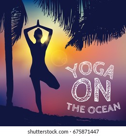 Vrikshasana tree pose yoga, female silhouette. Healthy and beauty lifestyle. Hand drawn floral texture. Vector illustration EPS10