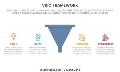 vrio business analysis framework infographic 4 point stage template with funnel shape with horizontal point description for slide presentation