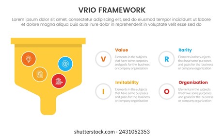 infografía de vrio business analysis framework plantilla de etapa de 4 puntos con caja de embudo en negrita para presentación de diapositivas