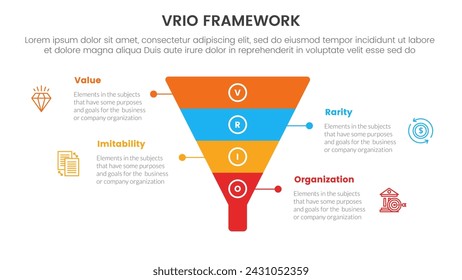 infografía del marco de análisis de negocios de vrio plantilla de etapa de 4 puntos con forma de embudo en el centro para la presentación de diapositivas