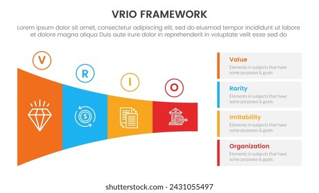 vrio business analysis framework infographic 4 point stage template with shrink horizontal funnel rectangle for slide presentation