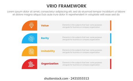 vrio business analysis framework infographic 4 point stage template with long rectangle box vertical stack for slide presentation