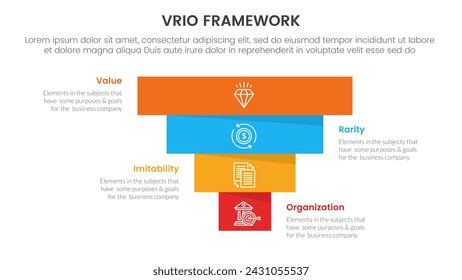 vrio business analysis framework infographic 4 point stage template with pyramid shape reverse inverted for slide presentation