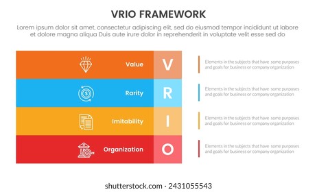 vrio business analysis framework infographic 4 point stage template with big rectangle box vertical stack on left layout for slide presentation