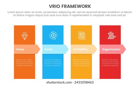 vrio business analysis framework infographic 4 point stage template with vertical box and arrow badge header for slide presentation