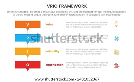 vrio business analysis framework infographic 4 point stage template with rectangle box stack with small arrow bottom for slide presentation