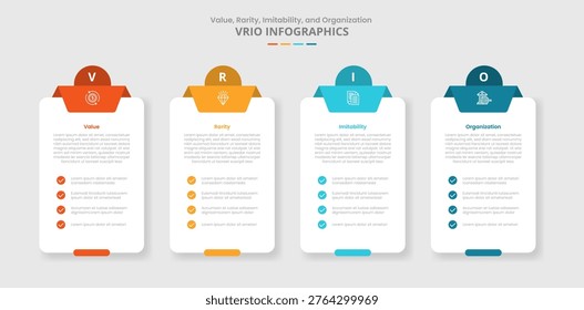 VRIO framework for infographic with drop shadow style with box table container with checklist and circle badge top with 4 point list information vector
