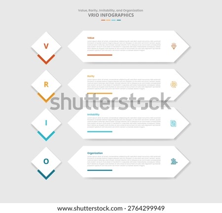 VRIO framework for infographic with drop shadow style with diamond badge and long arrow rectangle on stacked list with 4 point list information vector