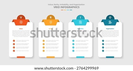 VRIO framework for infographic with drop shadow style with box table container with checklist and circle badge top with 4 point list information vector
