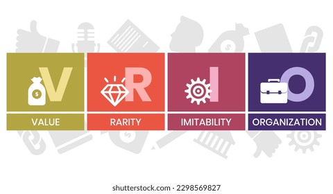 VRIO - Value, Rarity, Imitability, Organization acronym. business concept background. vector illustration concept with keywords and icons. lettering illustration with icons for web banner, flyer