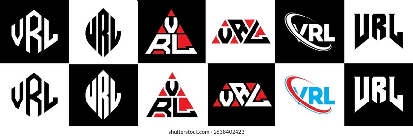 VRL letter logo design in six style. VRL polygon, circle, triangle, hexagon, flat and simple style with black and white color variation letter logo set in one artboard. VRL minimalist and classic logo