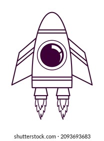 VRocket. Vector icon in linear cartoon style isolated on white background. Startup - flat design. Rocket launch and flame. Space theme, space technology. Vector illustration. EPS10
