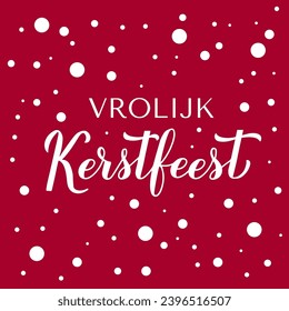 Vrolijk Kerstfeest caligrafía con letras de la mano sobre fondo rojo con confeti de nieve. Afiche de tipografía navideña en holandés. Fácil edición de la plantilla vectorial para tarjeta de saludo, banner, volante, etc