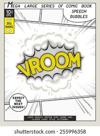 Vroom. Explosion in comic style with lettering and realistic puffs smoke. 3D pop art speech bubble. Vector graphics CMYK