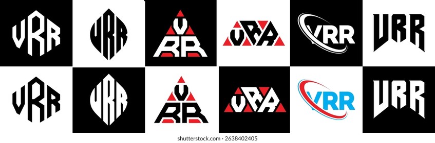 VRR letter logo design in six style. VRR polygon, circle, triangle, hexagon, flat and simple style with black and white color variation letter logo set in one artboard. VRR minimalist and classic logo