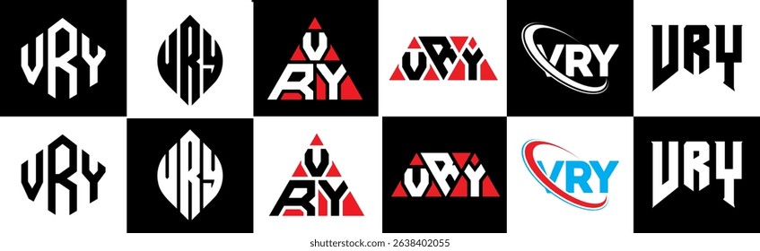 VRY letter logo design in six style. VRY polygon, circle, triangle, hexagon, flat and simple style with black and white color variation letter logo set in one artboard. VRY minimalist and classic logo