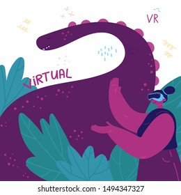 VR.Young woman in virtual reality glasses presents game in which you can look at dinosaurs.A woman has the experience of using virtual reality for education and entertainment.Vector illustration