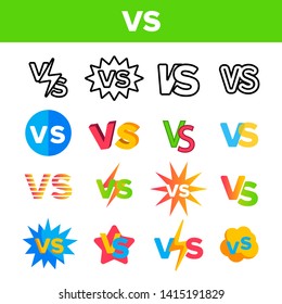 VS Abbreviation, Versus Vector Color Icons Set. VS Phrase In Comic Style Linear Symbols Pack. Letters In Speech Bubble. Confrontation, Fighting And Sports Competition Isolated Flat Illustrations