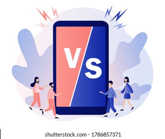 VS battle sign in smartphone screen. Versus letters. Competition between two persons or products. Modern flat cartoon style. Vector illustration on white background